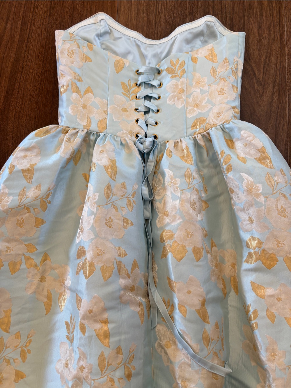 Strapless Light Blue & Gold Floral Sweetheart Maxi Dress - Picture 2 of 16